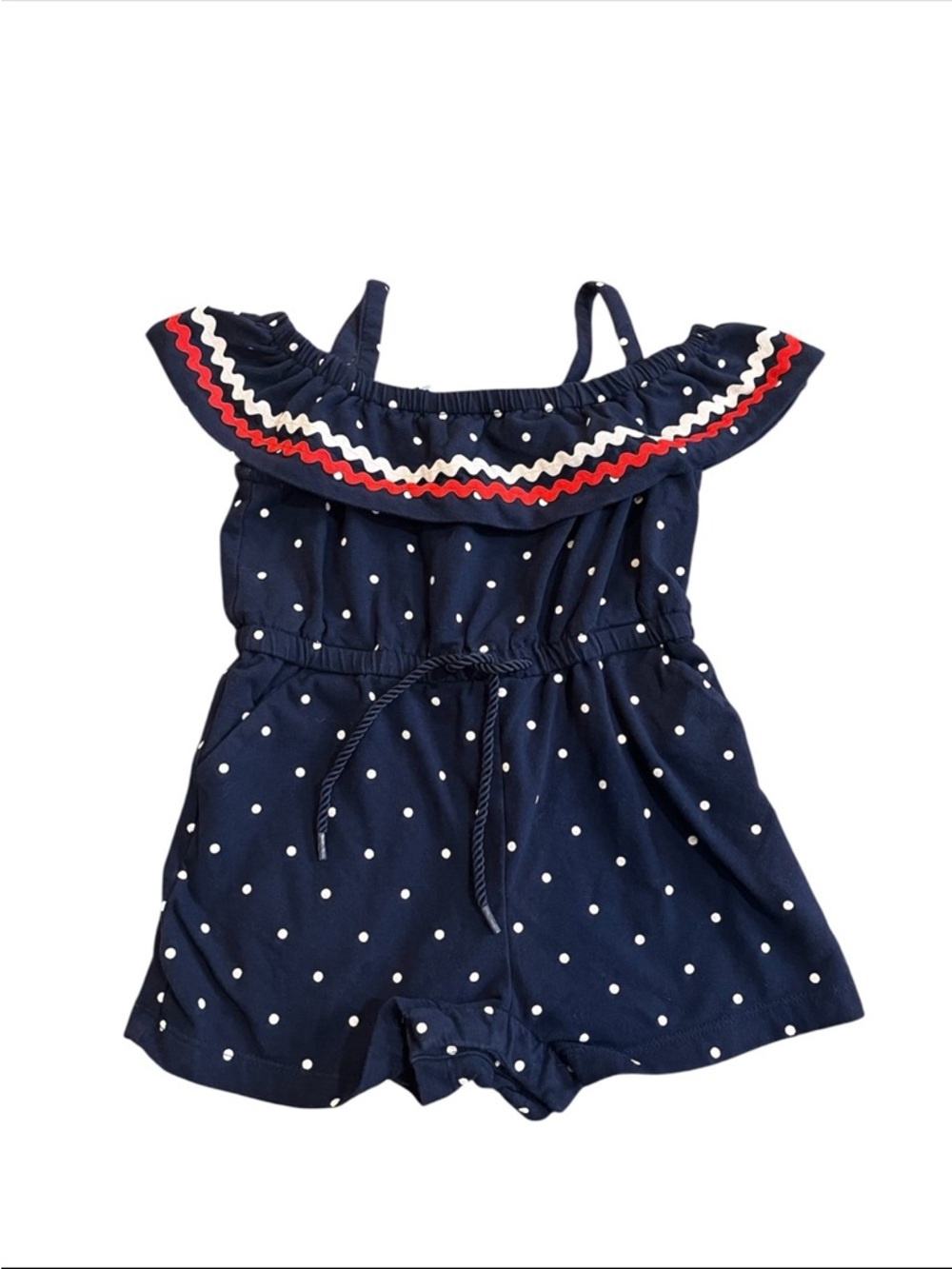 Janie and Jack Navy Polka Dot Ric Rac Cold Shoulder Romper 12-18M